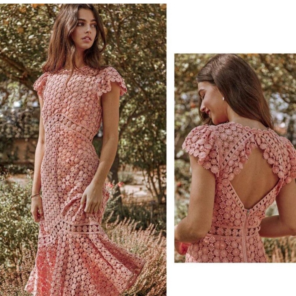 SAYLOR Peach Orange Pink Flutter Sleeve Midi Dress